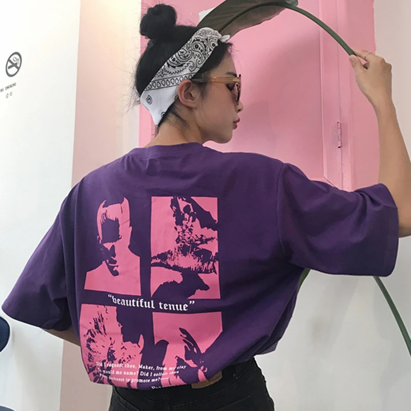 see chart Женская футболка Топ летний корейский стиль Ulzzang Harajuku с буквенным принтом фиолетовая футболка Женская Повседневная футболка с коротким рукавом - Цвет: see chart