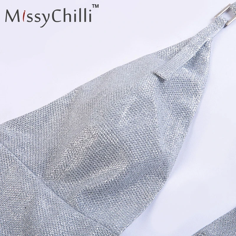 MissyChilli сексуальный трикотажный топ с люрексом и лямкой на шее, женские летние топы с v-образным вырезом и пуговицами, женские серебряные вечерние майки с открытой спиной и майки