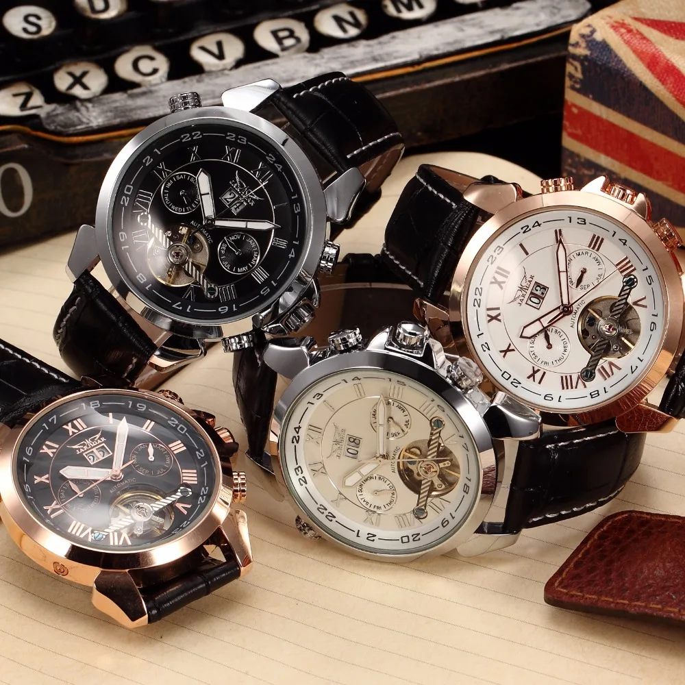 

JARAGAR Fashion Casual Tourbillon Wrap Mens Watches Date Day Automatic Watch Rose Gold Case Calendar Male Clock Mechanical Watch