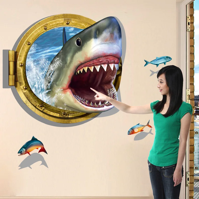 Креативная 3D яркая жестокая Акула настенная наклейка наклейки для стены в
