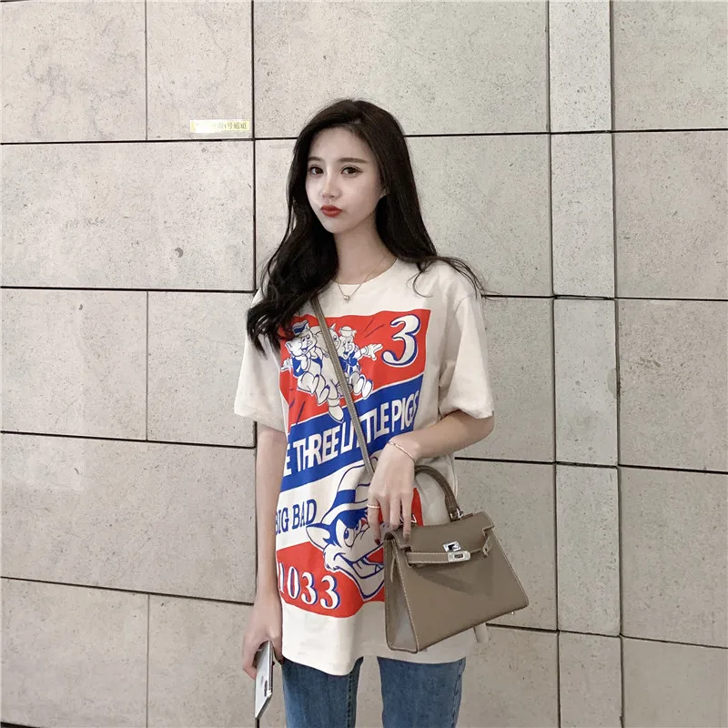 Harajuku Ulzzang Oversize tshirt мультфильм печати короткий рукав футболки корейский стиль Для женщин Свободные Летние Футболка женская Повседневное Топы