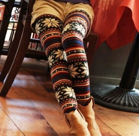 winter Colorful Crystal Pattern Snowflakes Knitted Leggings for women 34 | Женская одежда