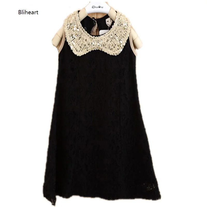 Gold Sequins Peter Pan Collar Girls Dress Lace Sleeveless White/ Black Dresses Kids For 2 3 4 5 6 7 8 9 Years Prom Summer | Детская