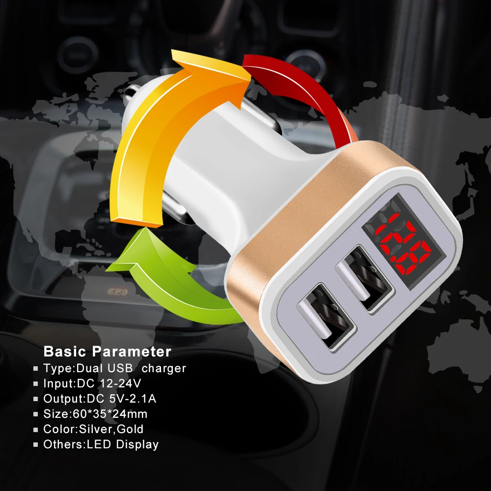 Приседать USB Автомобильное зарядное устройство со светодиодным экраном