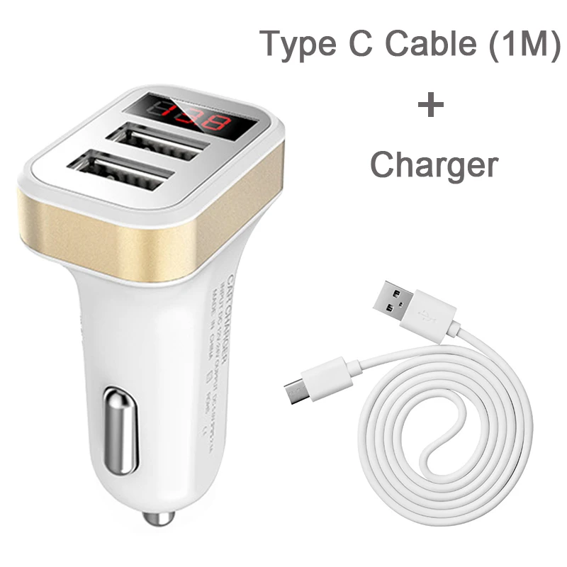 gold type c cable Двойное автомобильное зарядное устройство USB для Huawei Mate 10 Lite 7 8 9 pro p smart honor 7x 6x мобильное зарядное устройство для телефона для путешествий прикуриватель автомобильное зарядное устройство - Цвет: gold type c cable