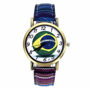 Мужские и женские наручные часы, с полосками из джинсовой ткани, с изображением бразильской футбольной команды