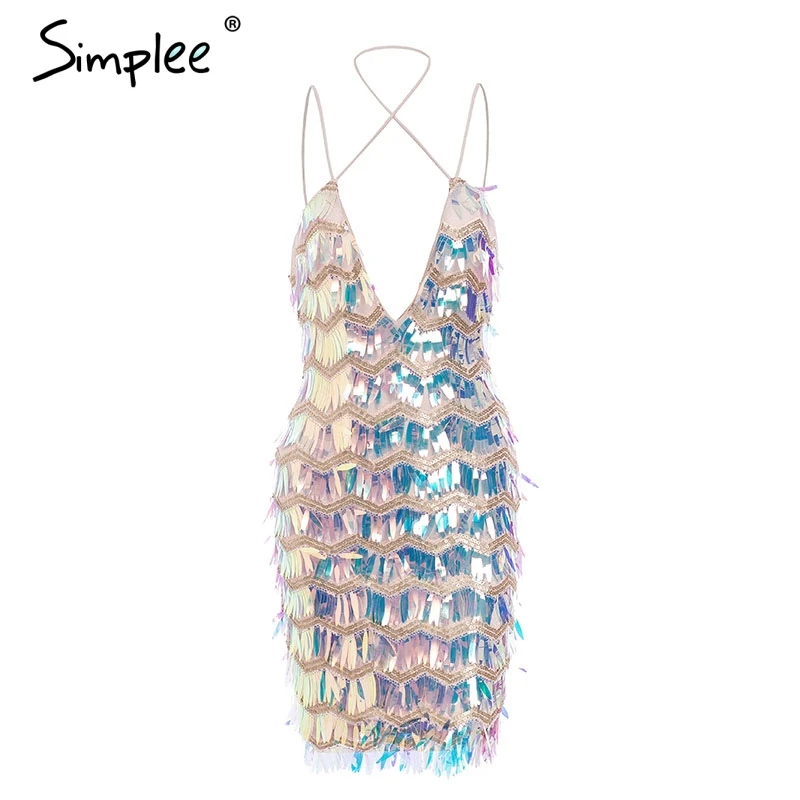 Simplee Холтер V образным вырезом сетки блесток платье в полоску пикантные