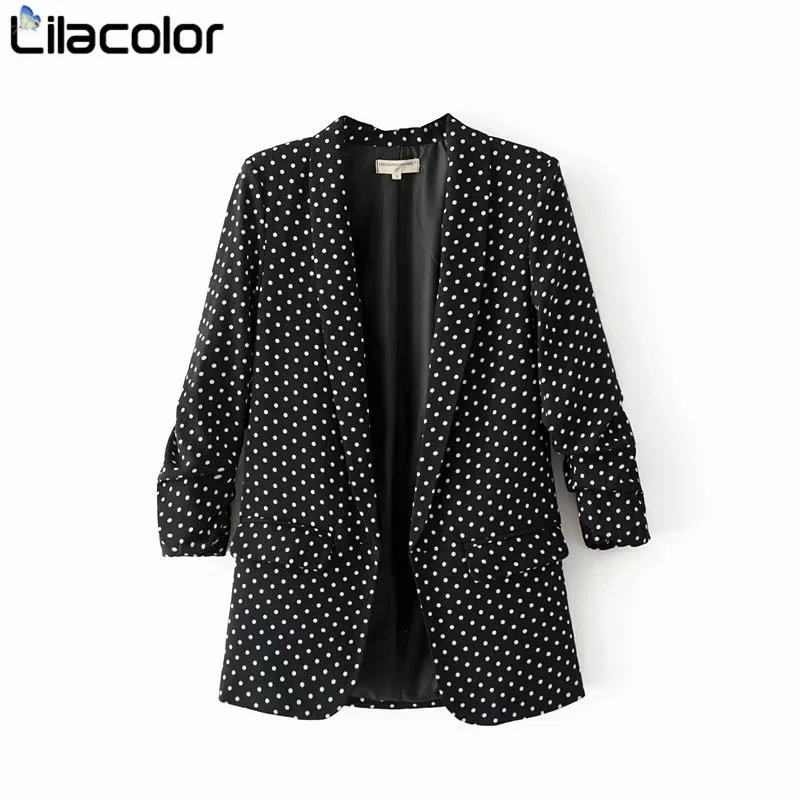 В Горошек повседневные женские блейзеры 2019 Весна Ruched с длинным рукавом Свободные