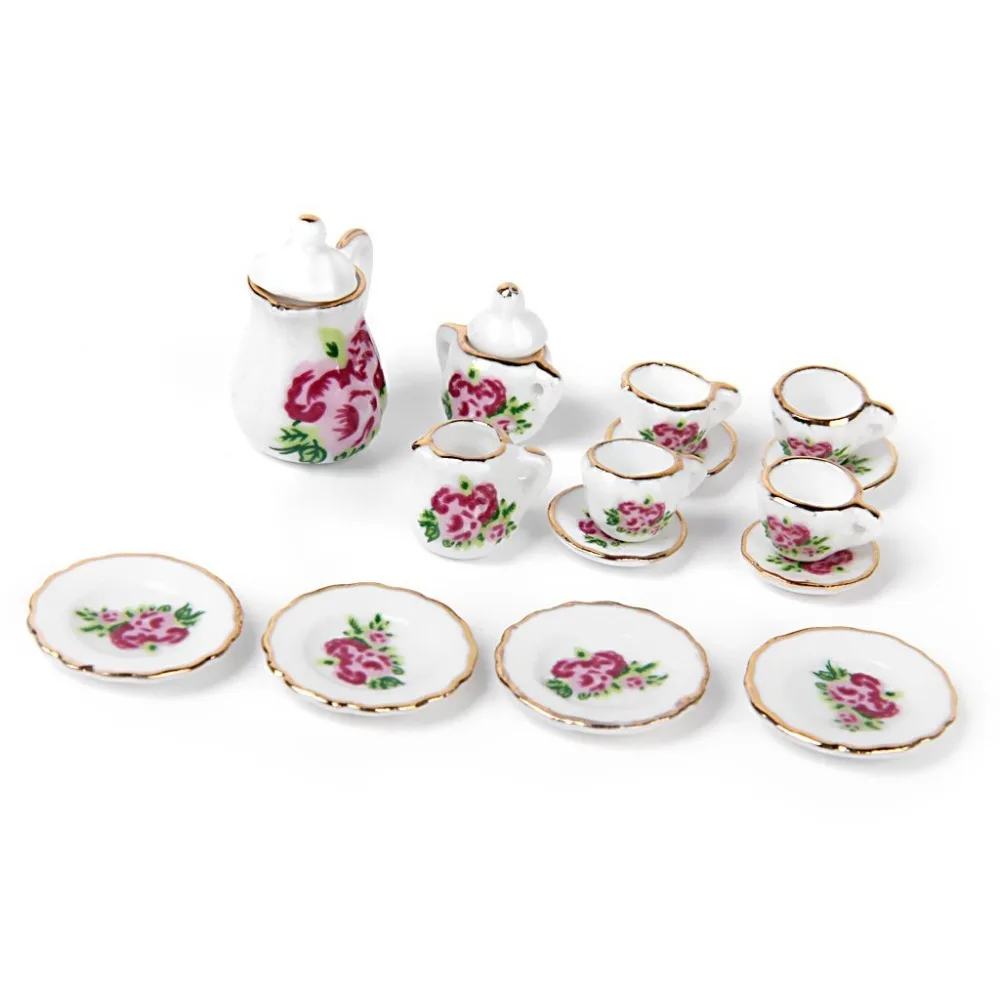 

15 Pieces Porcelain Tea Set Dollhouse Miniature Foods Chinese Rose Dishes Cup Pretend Play Kitchen Toys