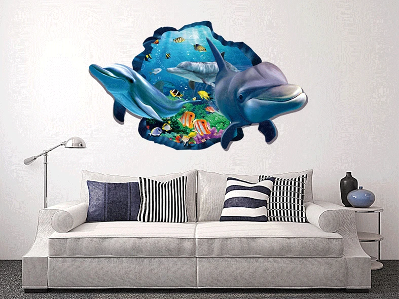 3d Effect Underwater World Dolphin Fish Background Wall Stickers Living Room Bedroom Sofa Decoration|Наклейки на стену| |