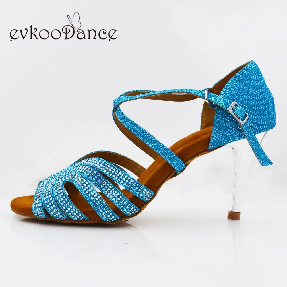 

Size US 4-12 Professional Zapatos De Baile blue glitter with rhinestone Heel Height 8.5cm Latin Dancing Shoes For Women NL278