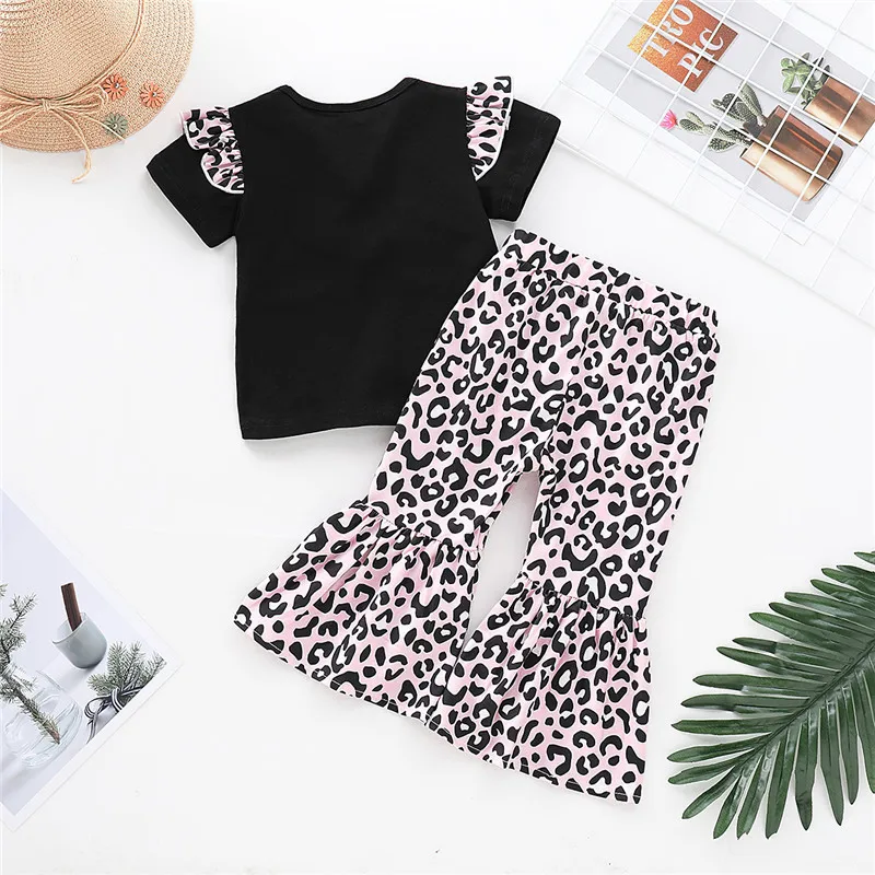 Детская одежда Модные расклешенные брюки с леопардовым принтом + черная футболка