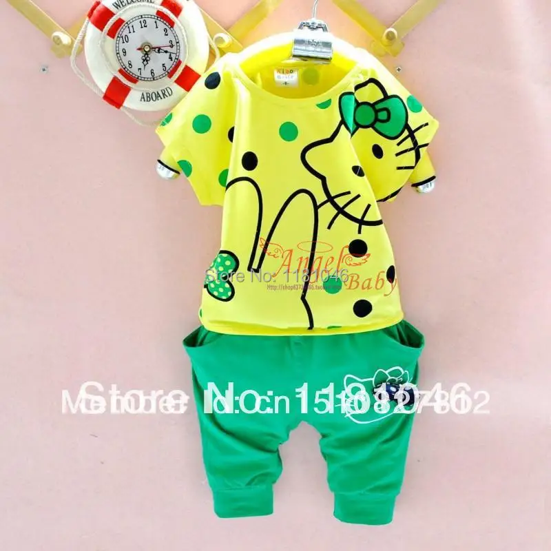 Hot selling summer baby girl clothes set cartoon batwing tees+shorts 2 pcs chidlren's suit Hello Kitty tracksuit L004 | Мать и