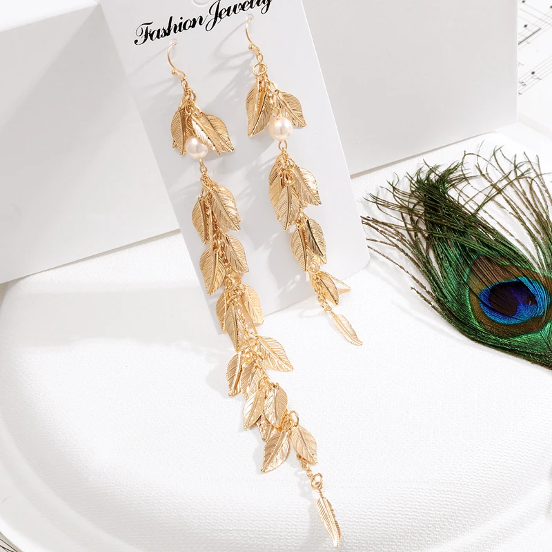 Metal Leaf Tassel Long Drop Earrings For Women Gold Color Maxi Statement Hanging Dangle Asymmetry Earring Wedding Party Jewelry | Украшения