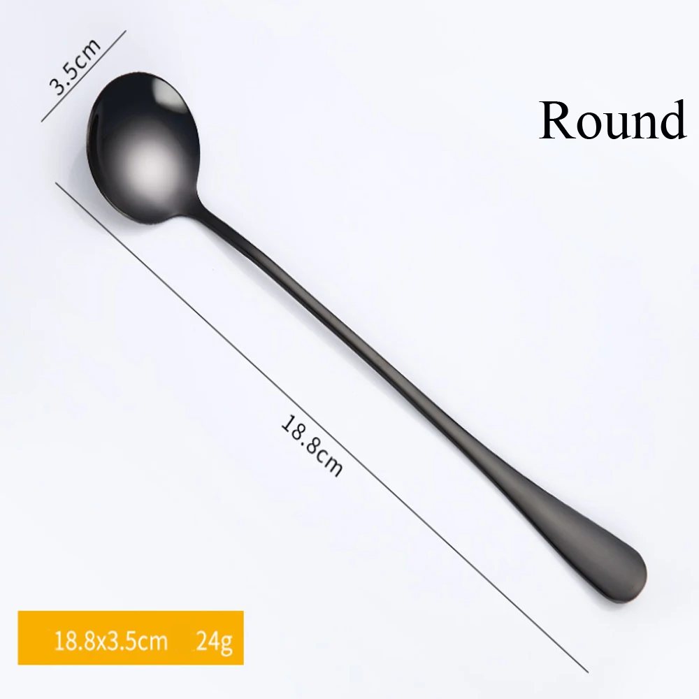 Black(Round) 1 шт., кофейная ложка из нержавеющей стали радужного цвета с длинной ручкой, фруктовая ложка для холодных напитков, мороженого, десерта, чайная ложка, кухонные принадлежности - Цвет: Black(Round)