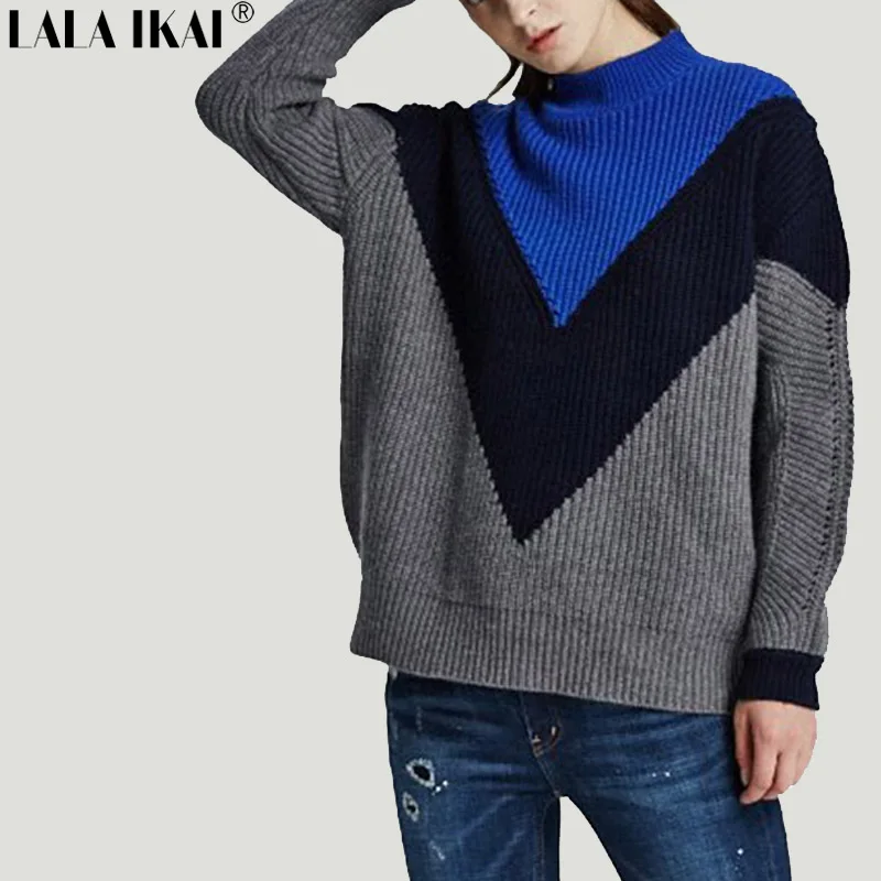 Винтаж осень Для женщин негабаритных Свитеры для Лоскутная Цвет Block Crew Пуловеры