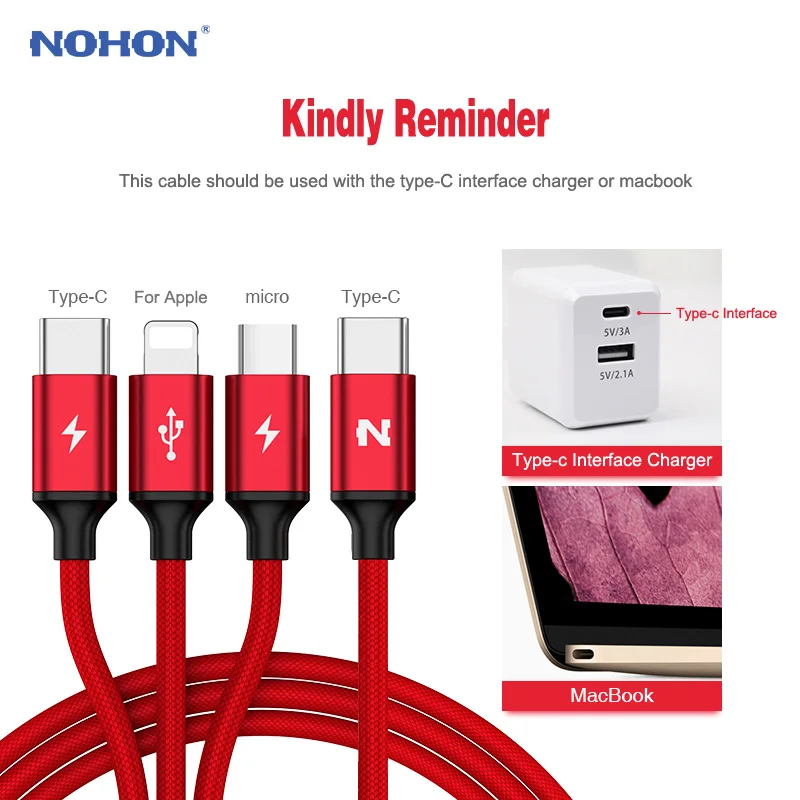 NOHON 3 в 1 type-C кабель для Apple type-C Micro USB-C кабель для iPhone 8 7 6 6S iOS 10 MacBook samsung LG быстрое зарядное устройство 2.4A