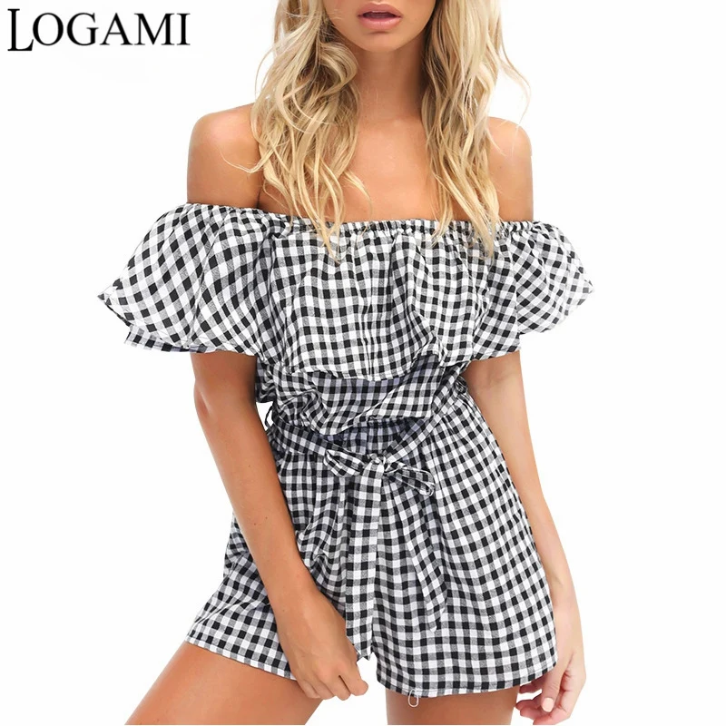 Женский комбинезон с открытыми плечами LOGAMI Летний в клетку листьями лотоса