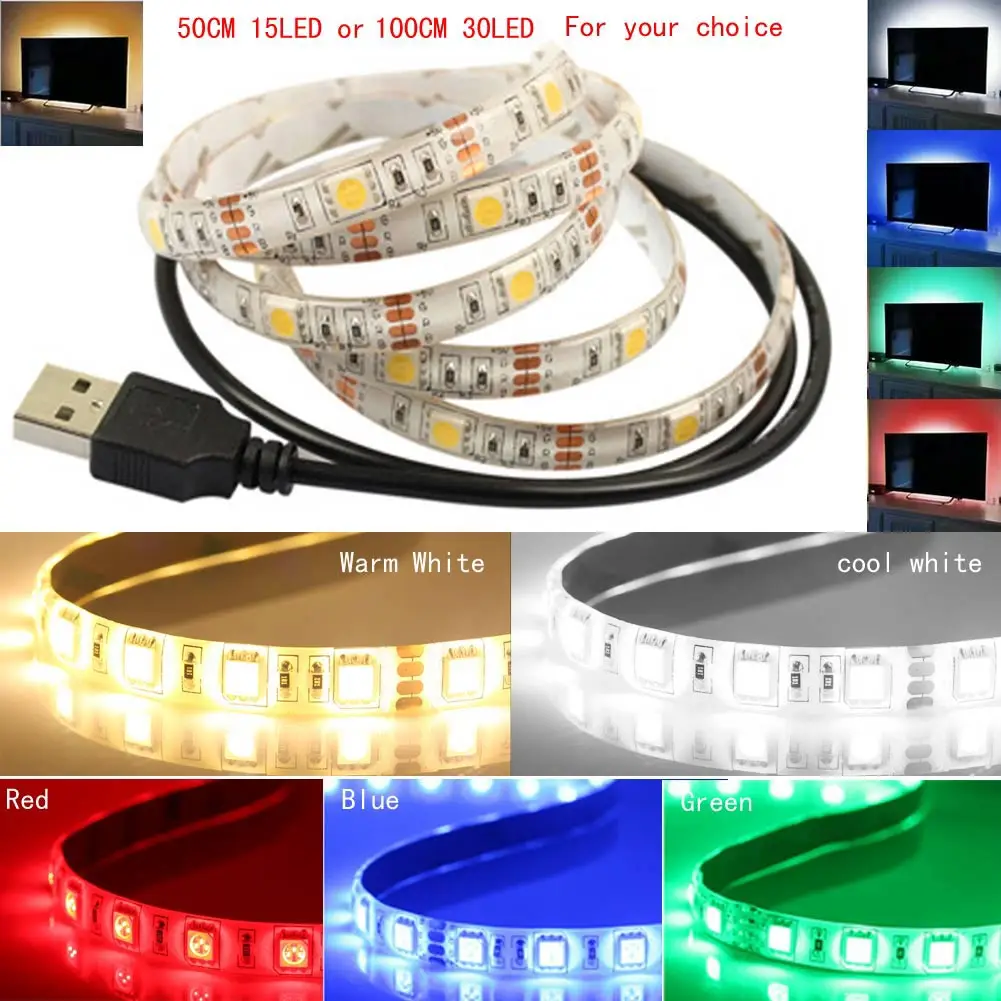 50 см/1 м Светодиодные ленты света DC 5 V смещения лампа Flexble SMD5050 USB Мощность HD ТВ