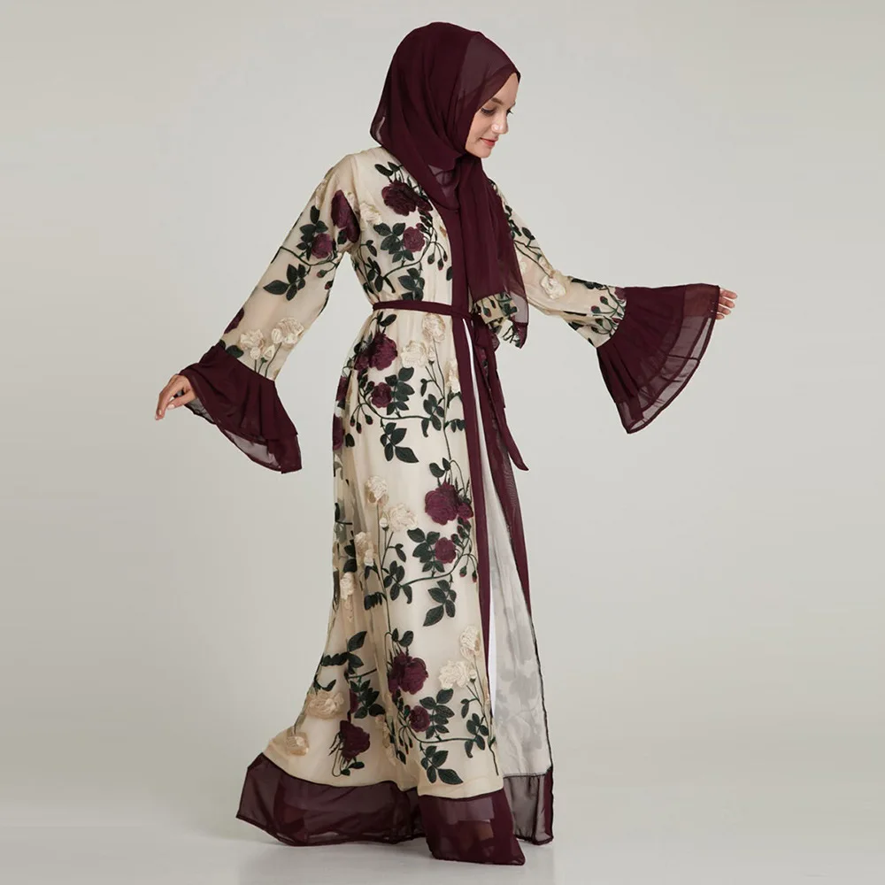 Мусульманская шелковая ткань для взрослых модные мусульманские Абайи с вышивкой