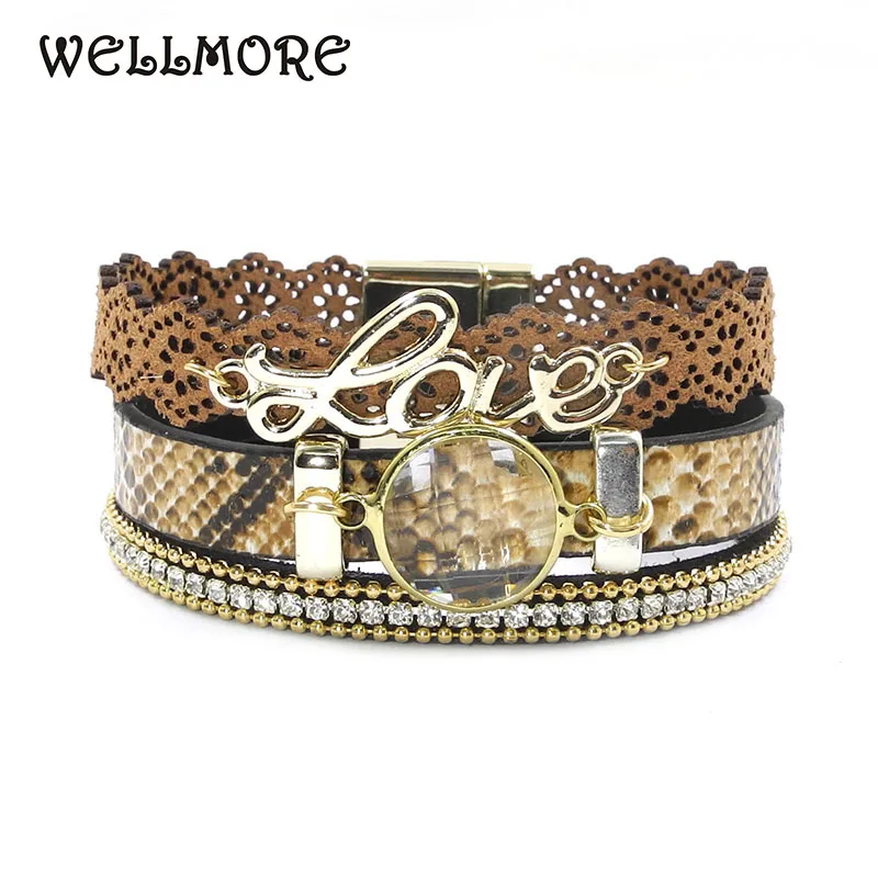 WELLMORE змеиные кожаные браслеты сплав любовь кристалл богемные для женщин