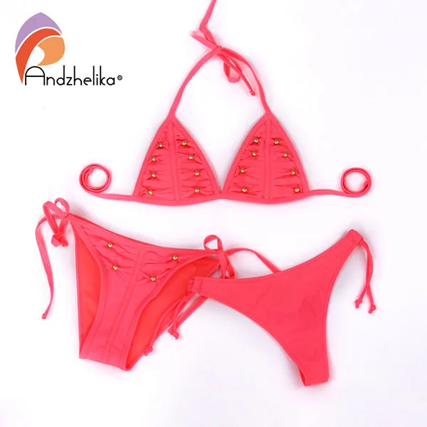 Pink red Andzhelika bikini женский купальник бикини с золотыми бусинами AK3303 - Цвет: Pink red