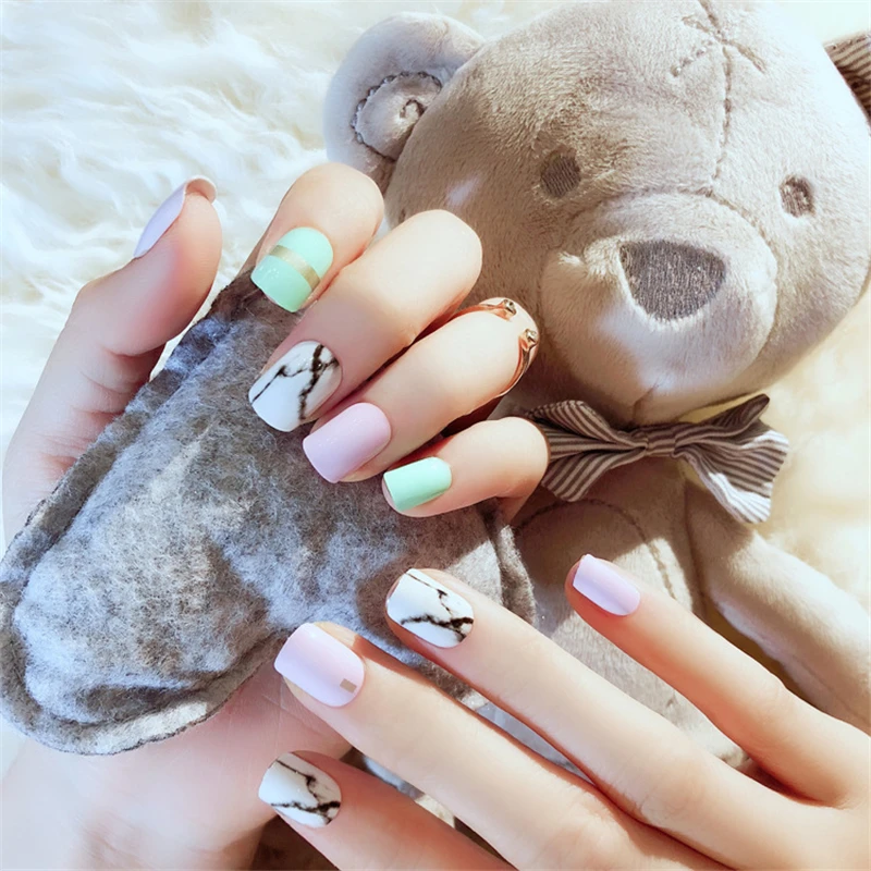 

24Pcs Short Square Fake Nails White Marble Blue Pink Press On Nails Custom with 3D Decoration Pearl Designed Tips