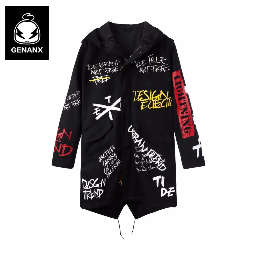 Genanx бренд уличной панелями печати траншеи длинное пальто Для мужчин капюшон s накидка мода город хип хоп 2018