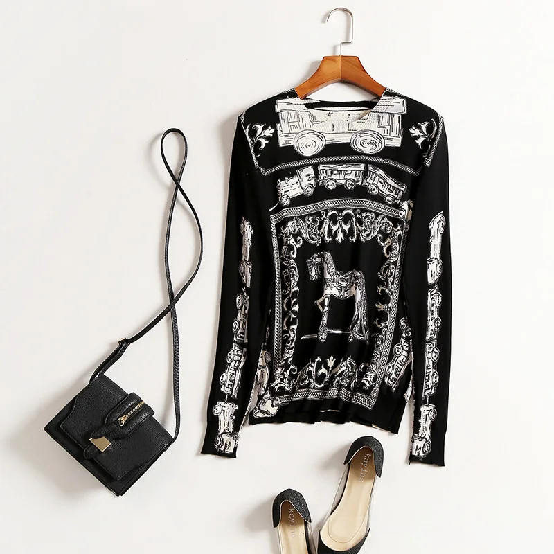 Women's Sweater Pullover Printing Long Sleeve O-Neck England Style 2017 Autumn And Winter Slim Knitted-Sweater-Womens | Женская