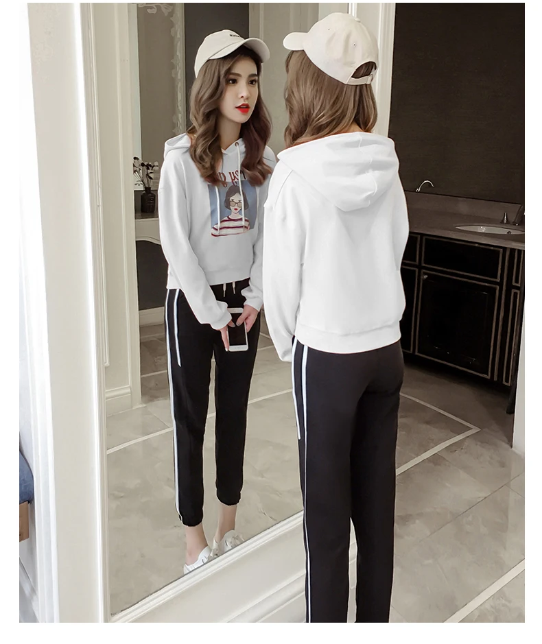 Set female 2018 autumn new temperament casual loose long-sleeved hooded shirt + trousers elegant fashion two-piece | Женская одежда