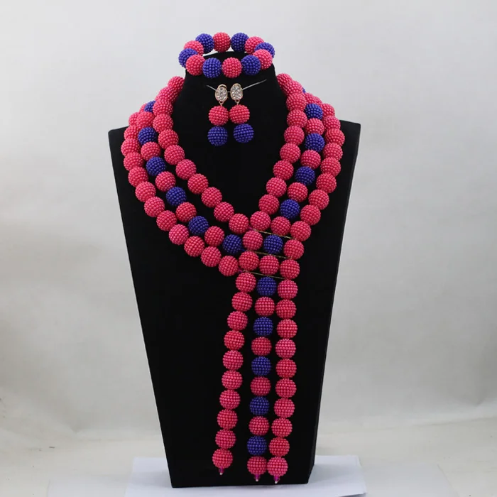 

Модные Африканские свадебные ювелирные изделия Fushia розовые синие пластиковые шарики нигерийские женские бусины ожерелье Ювелирный Компле...