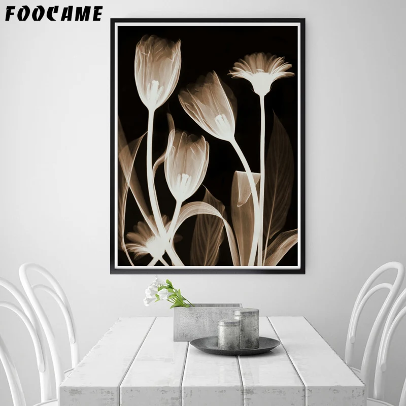 FOOCAME Black Background Flower Minimalism Posters and Prints Art Canvas Painting Home Decor Wall Pictures For Living Room | Дом и сад