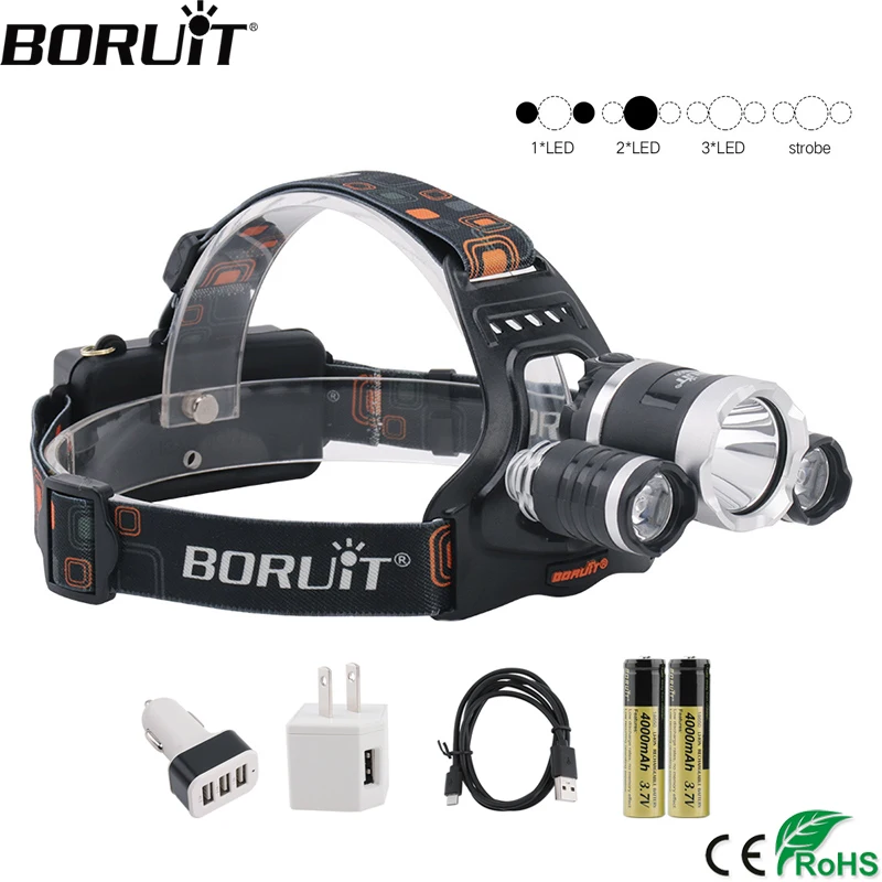 BORUiT RJ-3000 L2 мощный налобный фонарь 3000LM 4-режимный налобный фонарь Перезаряжаемый 18650 Водонепроницаемый Головной фонарь для рыбалки и охоты