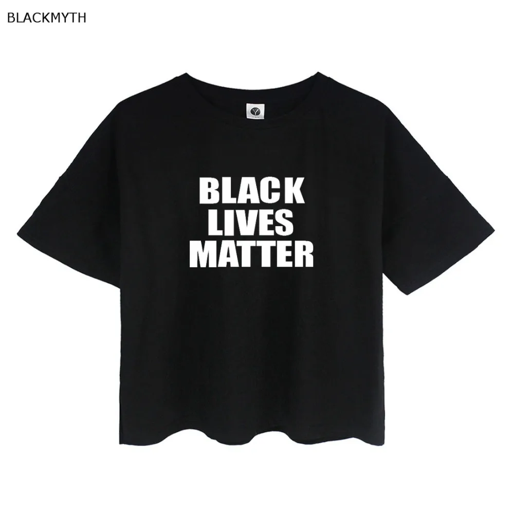 BLACKMYTH черная Жизнь Материя Лето круглый воротник укороченная футболка женская