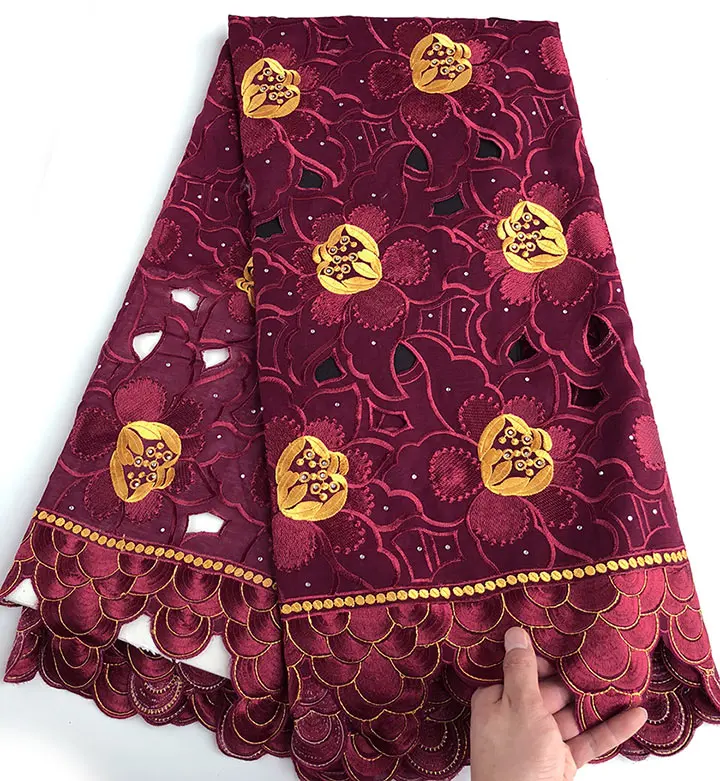 Wine Gold yellow 5 ярдов модная африканская швейцарская вуаль кружевная ткань мягкая нигерийская Гана традиционная одежда с камнями высокое качество горячая распродажа - Цвет: Wine Gold yellow