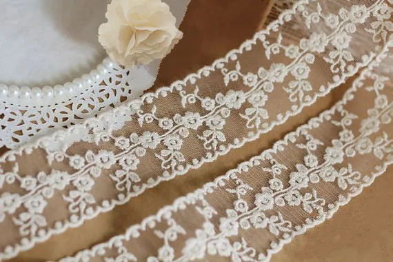 

10 yards Ivory Embroidered Lace Trim Gauze Ribbon with Retro Floral Vines