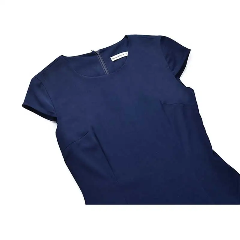 Женские винтажные синий плиссированное платье с коротким рукавом Круглая