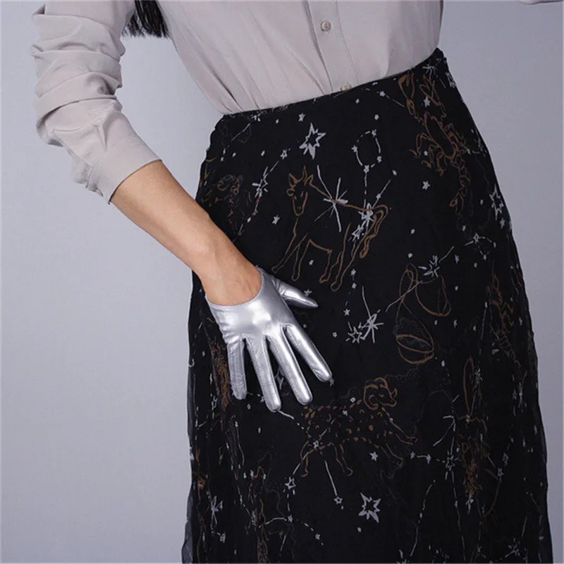 Patent leather Silve Женские модные элегантные ультракороткие перчатки из лакированной кожи 13 см, имитация кожи, яркий черный прецизионный TB08-3 без подкладки - Цвет: Patent leather Silve