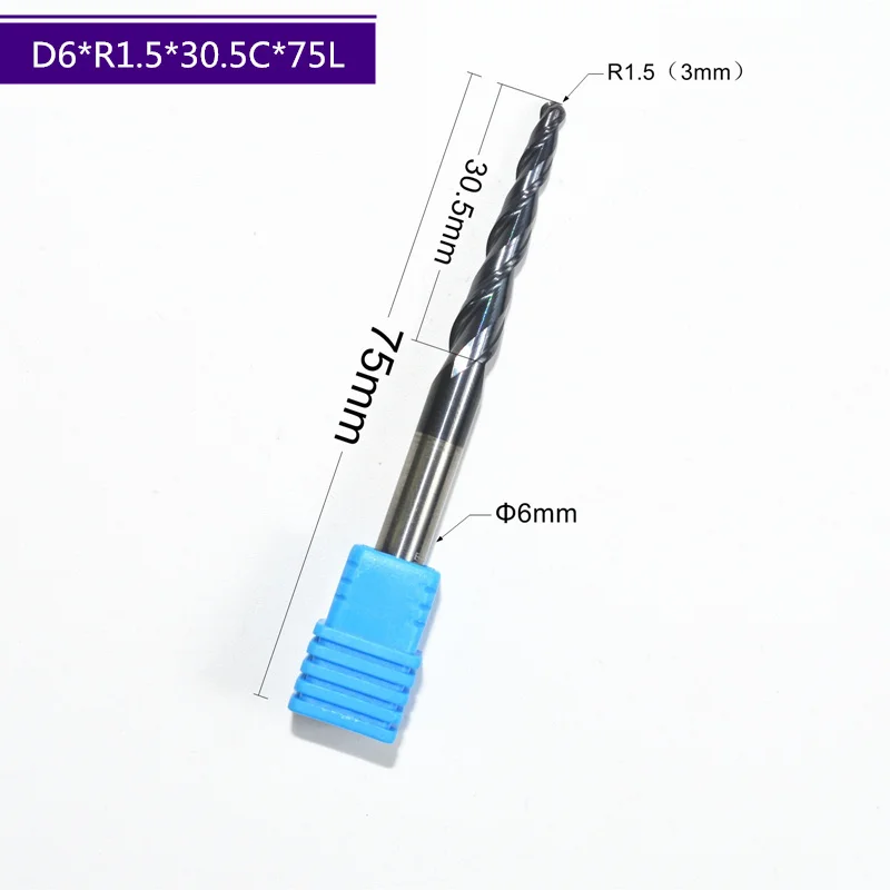 Бесплатная shipping 1PCS R1.5 * D6 30 5 75L HRC55 твердосплавные конусные фрезы с покрытием из