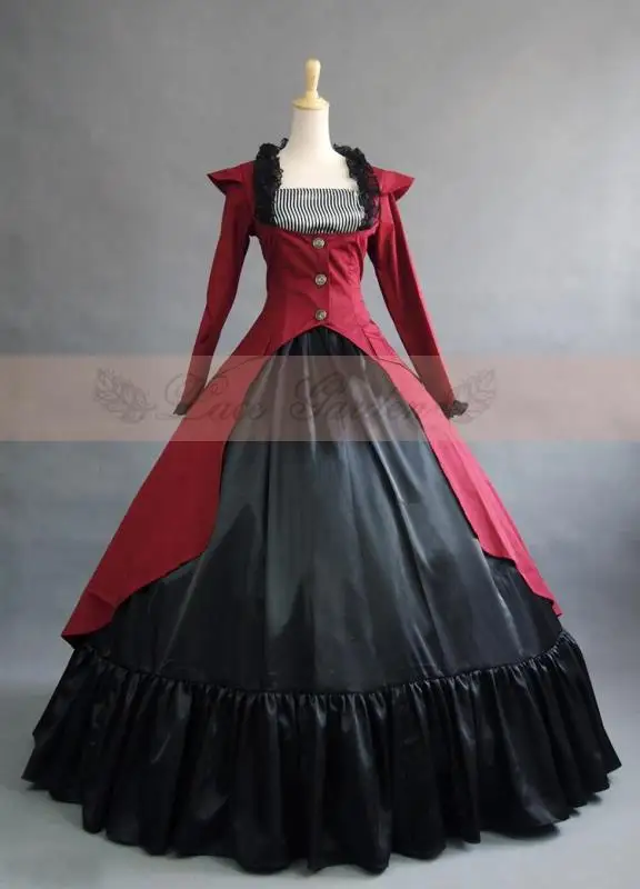

High Quality Red&Black Marie Antoinette Masked Ball Gothic Victorian Ball Gown Pleated Lace Gown Civil War Costume Renaissance
