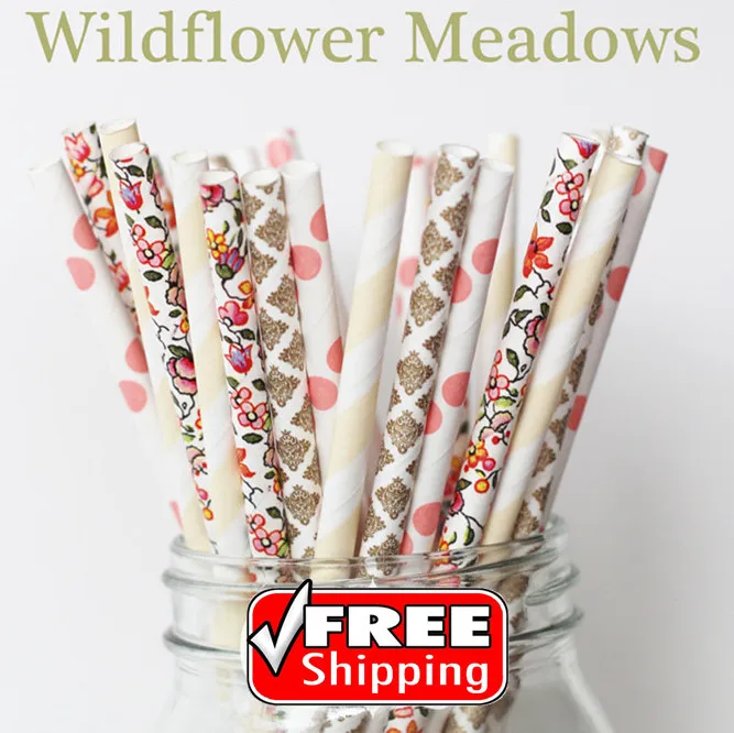 

200 Pcs Mix 4 Designs WILDFLOWER MEADOWS Themed Paper Straws - Gold, Flowers, Cream, Stripe, Polka Dot, Damask, Vintage Wedding