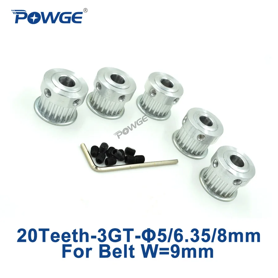 

POWGE 5pcs 20 Teeth 3GT Timing Pulley Bore 5mm 6.35mm 8mm for width 9mm 3MGT 3GT Timing Belt Small backlash GT3 20Teeth 20T