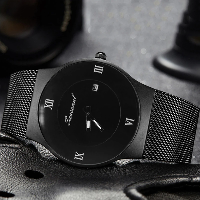 Мужские кварцевые часы Reloj Hombre деловые из стали с сеткой В миланском стиле