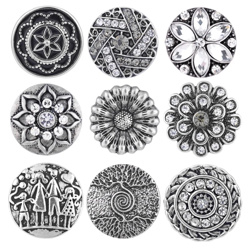 

10pcs Newest Styles Anti-silver Snaps Mix Pack 18mm GingerSnaps Snap button Charms Snap Jewelry VN-1978