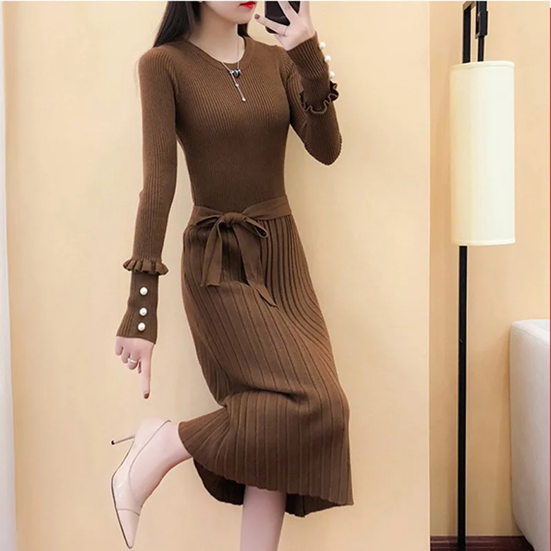 Модный Длинный плиссированный вязаный свитер женские платья 2020 осенне зимнее