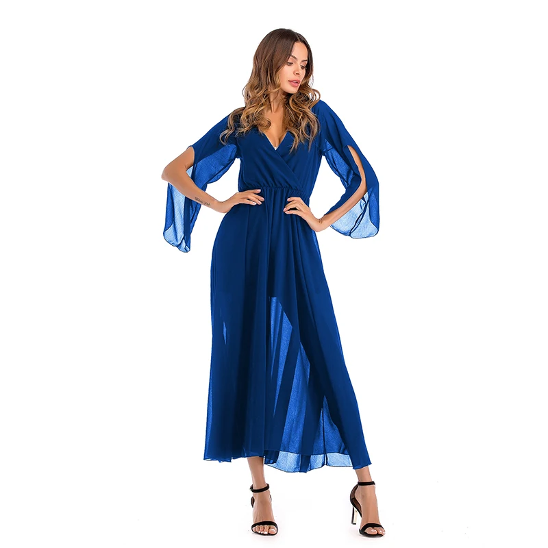 SimAi Sexy V-Neck Solid Color Long Women Dress 2018 Summer Plus Size Beach Elegant Casual Chiffon A-Line | Женская одежда