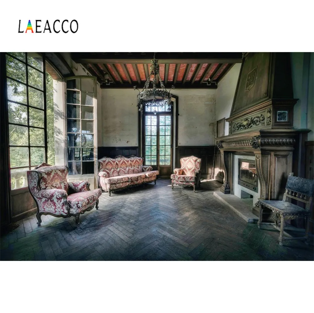 Фон для фотосъемки Laeacco старый дом кресло французское окно деревянный пол камин