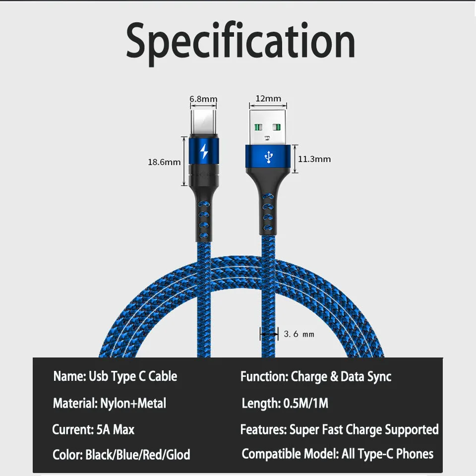 Usb кабель 5A Type C для быстрой зарядки 3 0 5 В 4A/3A/2A Android Samsung A8 A9 Xiaomi Mi9 Mi8 Se Huawei Honor|Кабели