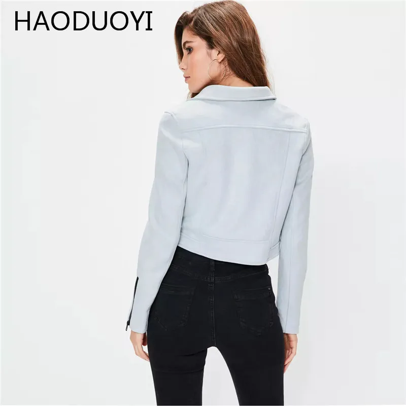 Haoduoyi моды осень Для женщин мотоцикл PU Базовая куртка замшей косой молнией