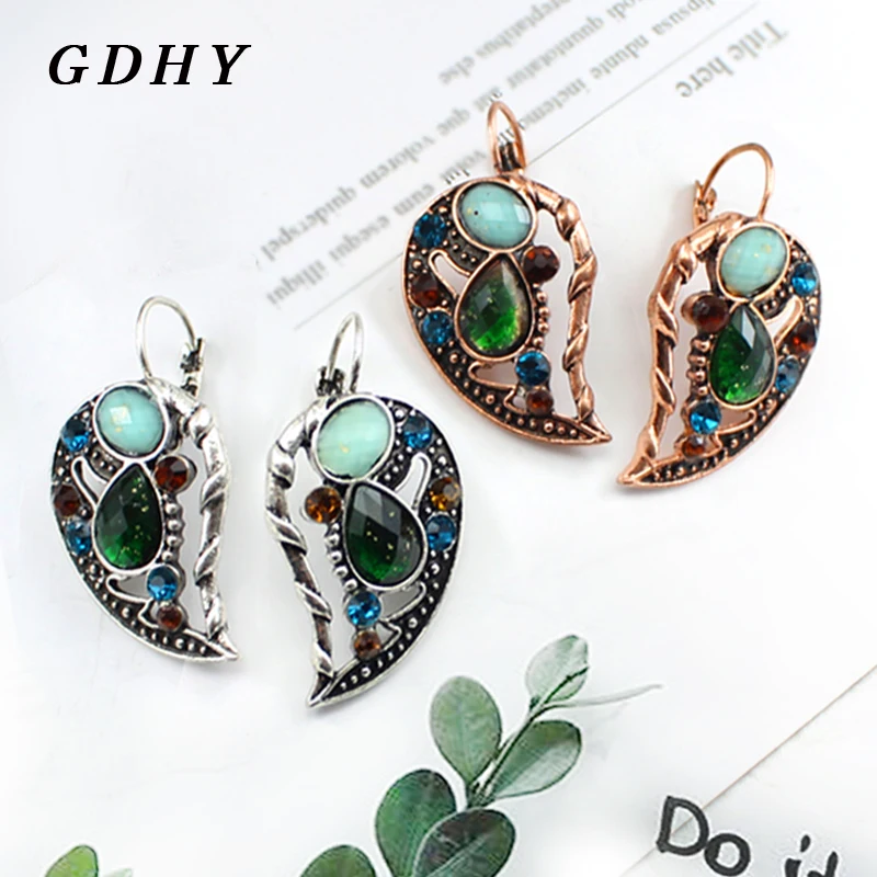 GDHY Hollowing Heart-shaped Pendant Earrings Inlaid With Natural Coloured Stone Two Valves Heart Drop Jewelry | Украшения и